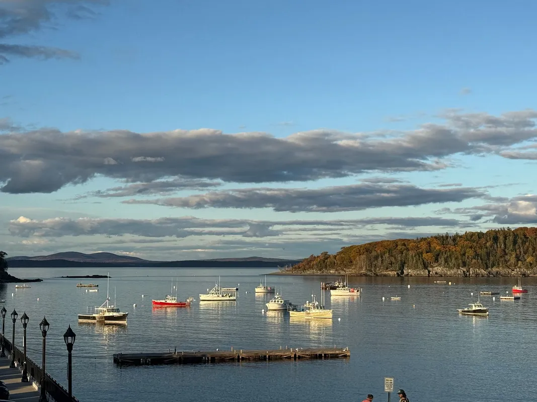 Lobster fishing boats moored in calm Maine harbor at golden hour