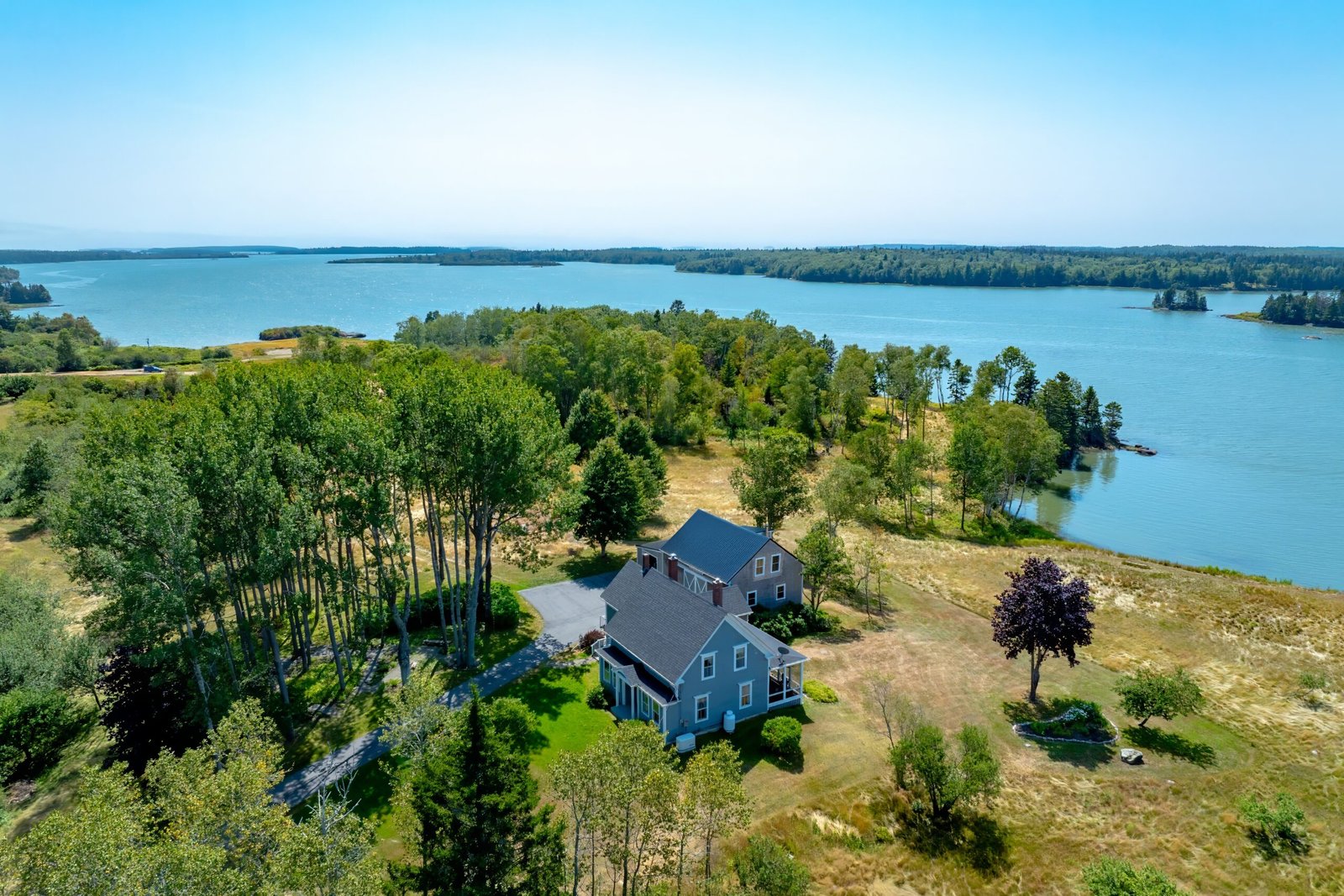 Aerial view of blue cottage home surrounded by lush trees
