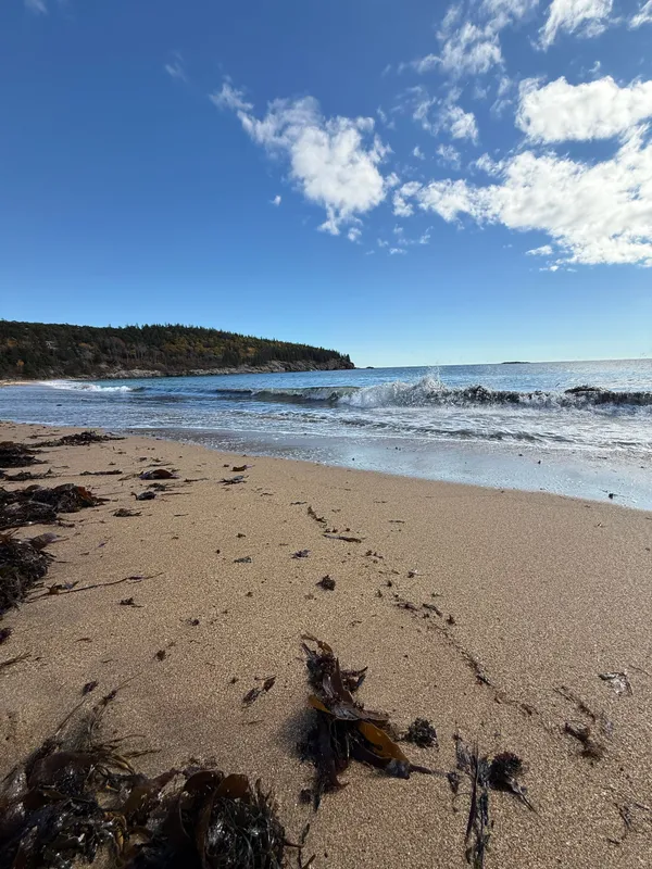 Sandy Maine beach with crashing waves and dramatic rocky cliffs